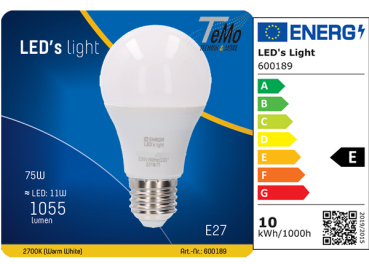 1 STÜCK (VPE) SHADA LED Classic E27, 1055lm, 11 Watt, Warmweiss 2700K, A60 Opal, EEC: E (0600189)